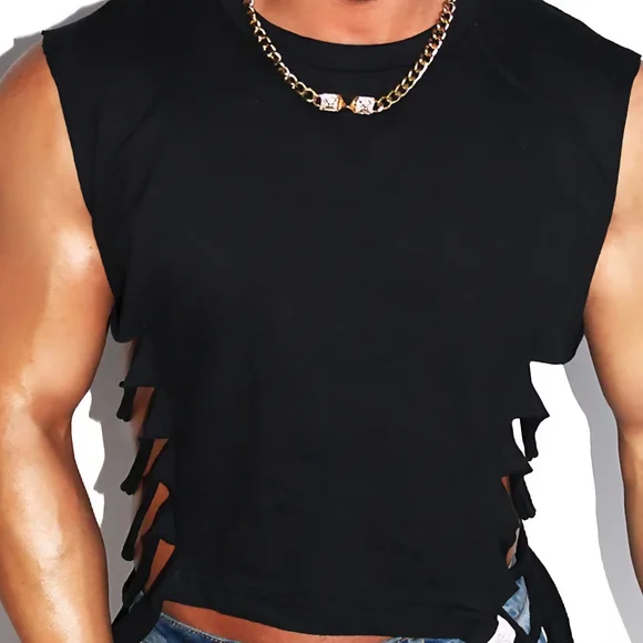 Men's Edgy Black Cutout Tank Top - Picture 5 of 5
